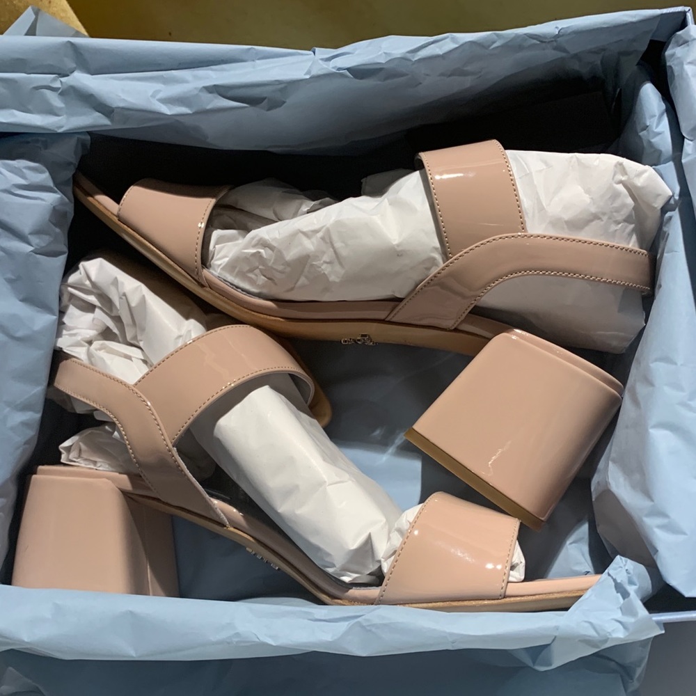 Patent leather nude sandals 31/2 inch heels.